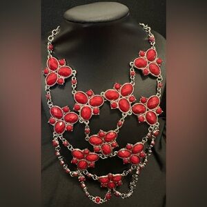 Vintage Red Resin  silver Tone Statement Necklace